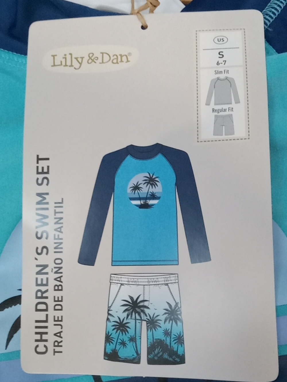 NWT Kids Long-Sleeve Turquoise & Navy Rashguard Swim Set with Shorts Palm Print